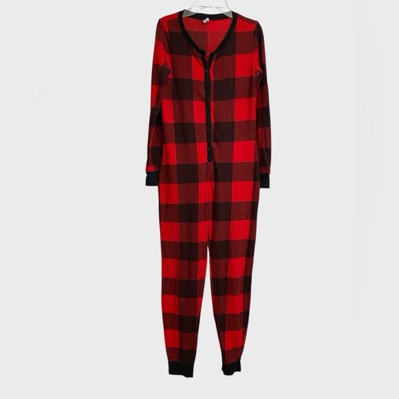 Old Navy Thermal Knit One-Piece Pajama Women's Sz L Red Black Plaid Cozy Buttons - Picture 4 of 16